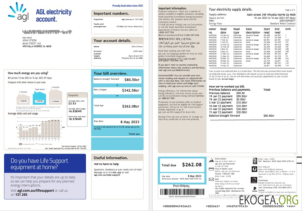 Australia AGL electricity account energy utility bill Word and PDF formats (2)